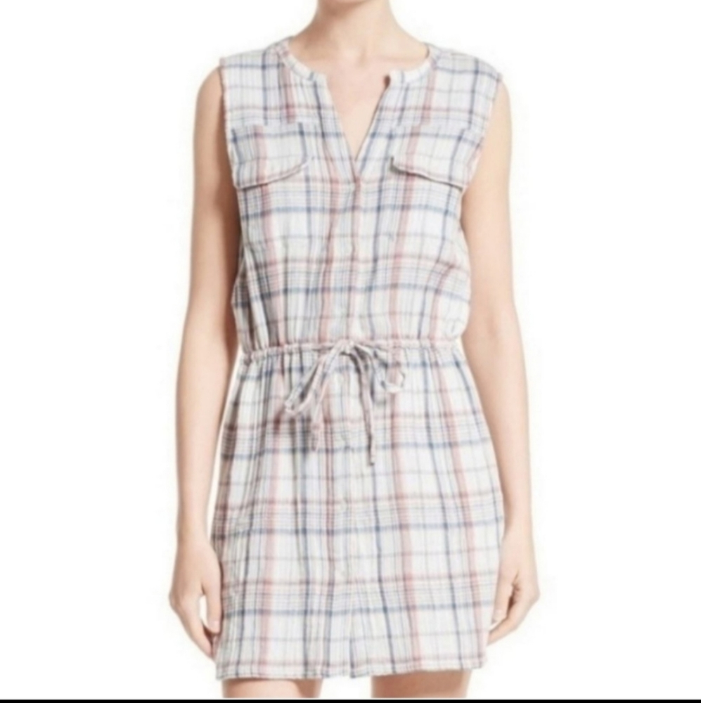 Soft Joie Tanna Plaid Madras Drawstring Waist Shirt Dress White Blue Pink XS